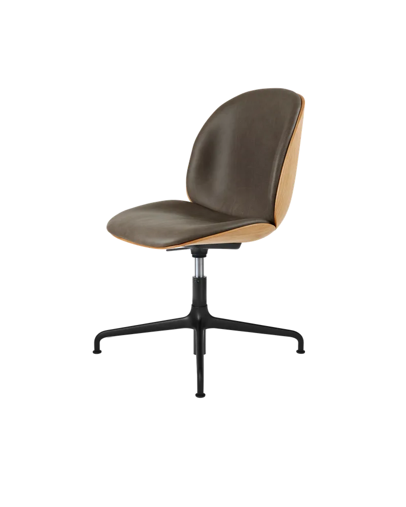 Beetle Meeting Chair, 3D Veneer & Front Upholstered by GUBI in Soft Leather, GUBI (Gray, Standard), Oak Semi Matt Lacquered, Height adjustable 4-star base, Matt Black – product photo 3 of 3