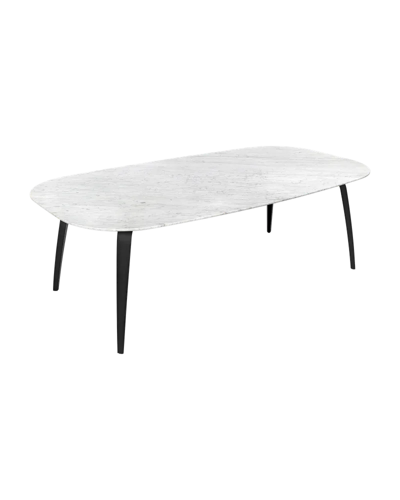 GUBI Dining Table, Elliptical von GUBI in White Carrara Marble, Black Stained Ash Semi Matt Lacquered, 120 × 230 cm – Produktfoto