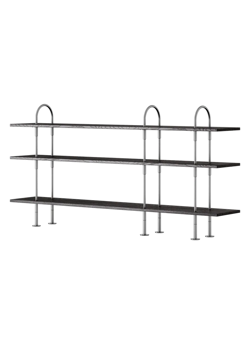 Keen Shelving System by GUBI in 208 cm, 105 cm – 3 Shelves, Brown/Black Ash Veneer, Satin Stainless Steel – product photo