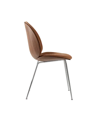 Beetle Dining Chair, 3D Veneer & Front Upholstered by GUBI in Belsuede Special FR, Dedar (132, Standard), Chrome, American Walnut Semi Matt Lacquered, EU – product photo 1 of 3