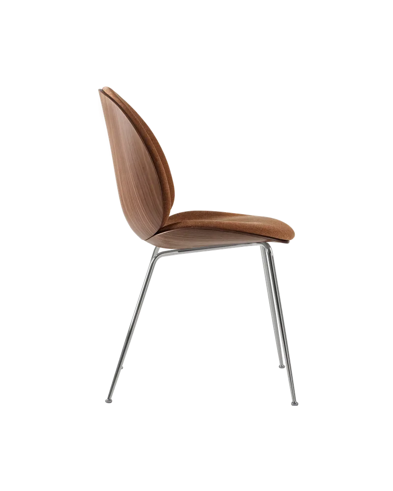 Beetle Dining Chair, 3D Veneer & Front Upholstered by GUBI in Belsuede Special FR, Dedar (132, Standard), Chrome, American Walnut Semi Matt Lacquered, EU – product photo 1 of 3