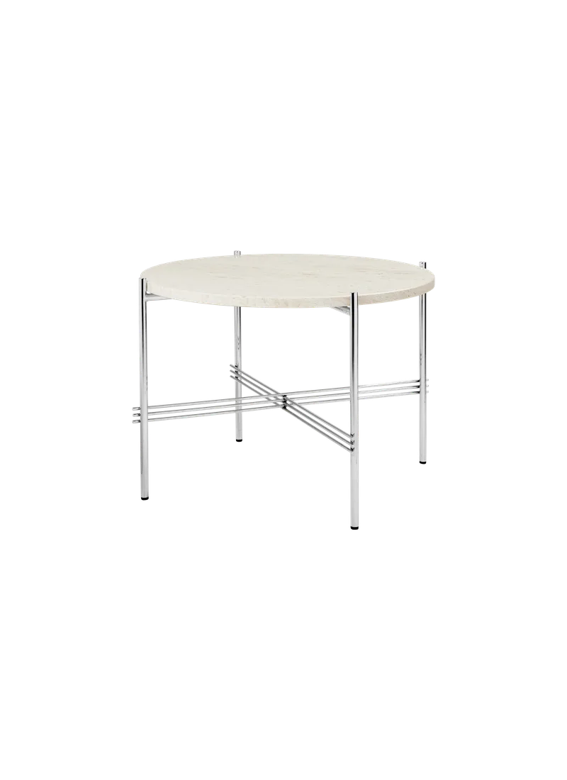 TS Coffee Table, Round van GUBI in Neutral White Travertine, Polished Steel, Ø55 cm – productfoto