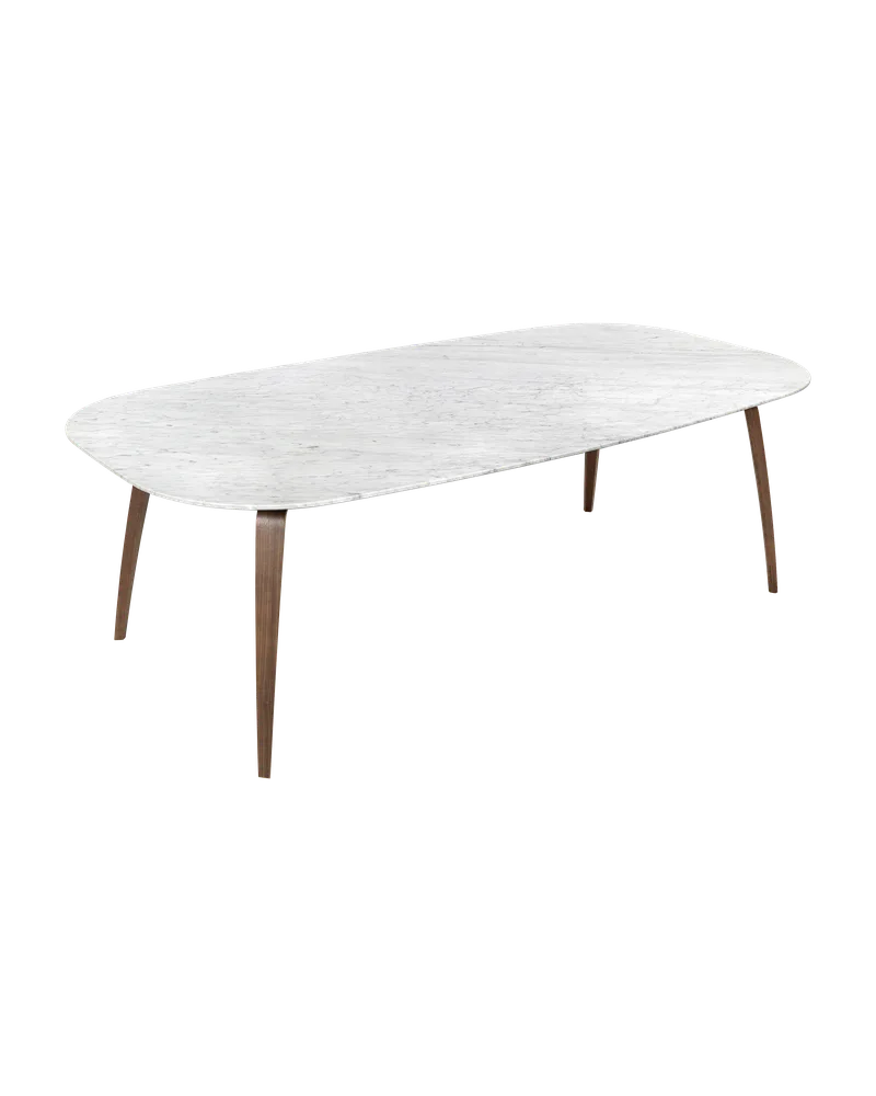 GUBI Dining Table, Elliptical van GUBI in White Carrara Marble, American Walnut Semi Matt Lacquered, 120 × 230 cm – productfoto