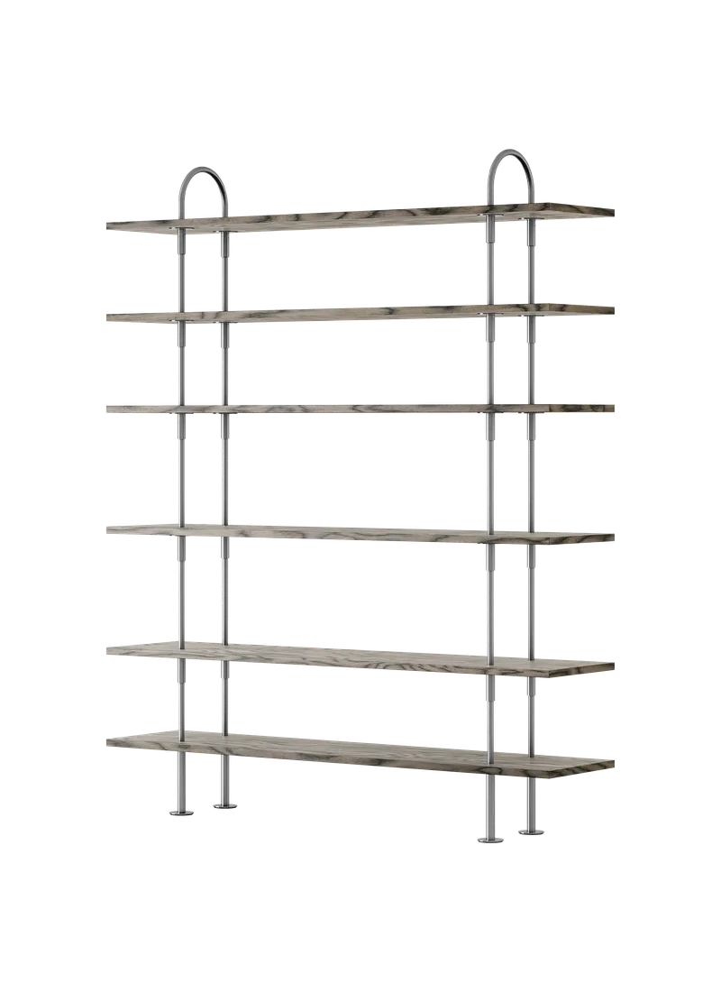Keen Shelving System by GUBI in 160 cm, 198 cm – 6 Shelves, ALPI Sottsass Gray, Satin Stainless Steel – product photo