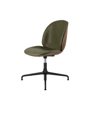 Beetle Meeting Chair, 3D Veneer & Front Upholstered by GUBI in Soft Leather, GUBI (Army, Standard), American Walnut Semi Matt Lacquered, Height adjustable 4-star base, Matt Black – product photo 3 of 3