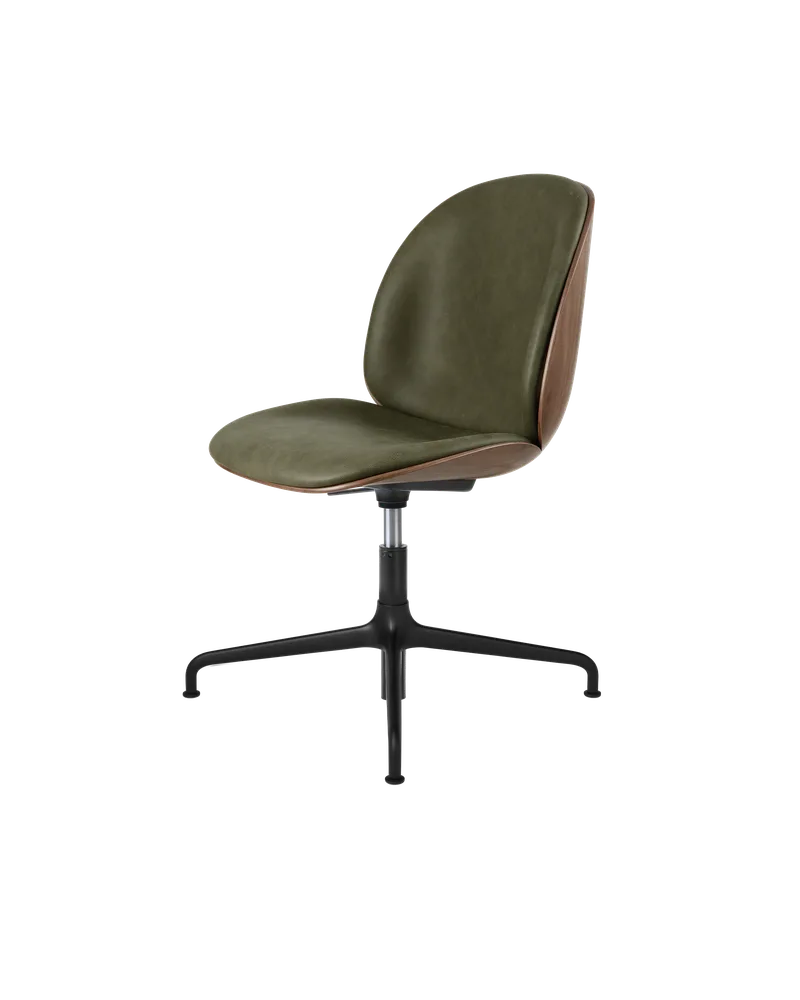 Beetle Meeting Chair, 3D Veneer & Front Upholstered by GUBI in Soft Leather, GUBI (Army, Standard), American Walnut Semi Matt Lacquered, Height adjustable 4-star base, Matt Black – product photo 3 of 3