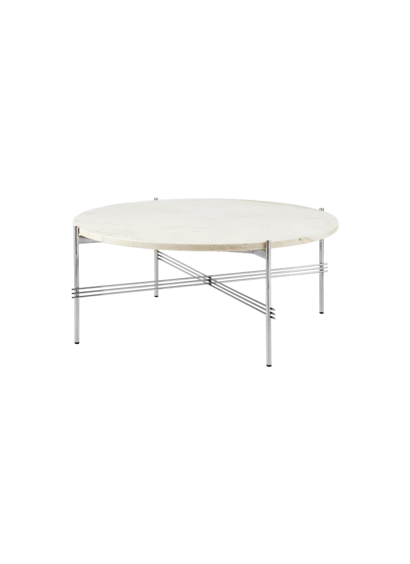 TS Coffee Table, Round van GUBI in Neutral White Travertine, Polished Steel, Ø80 cm – productfoto