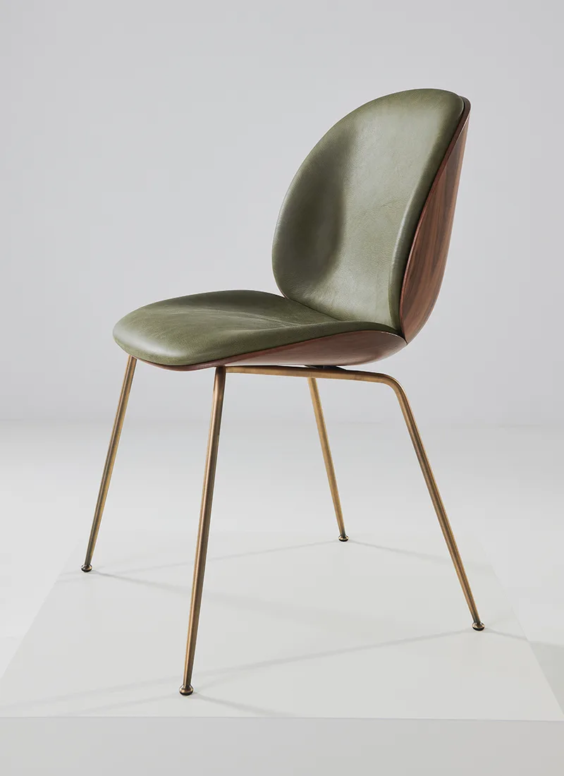 Beetle Dining Chair, 3D Veneer & Front Upholstered by GUBI in Soft Leather, GUBI (Army, Standard), Antique Brass, American Walnut Semi Matt Lacquered, GLOBAL – product photo 2 of 7