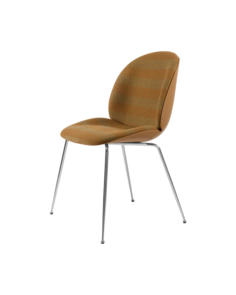 Beetle Dining Chair, Front Upholstered by GUBI in Kvadrat Sahco, Acca Stripe 0331, Chrome, Amber Brown – product photo 5 of 5
