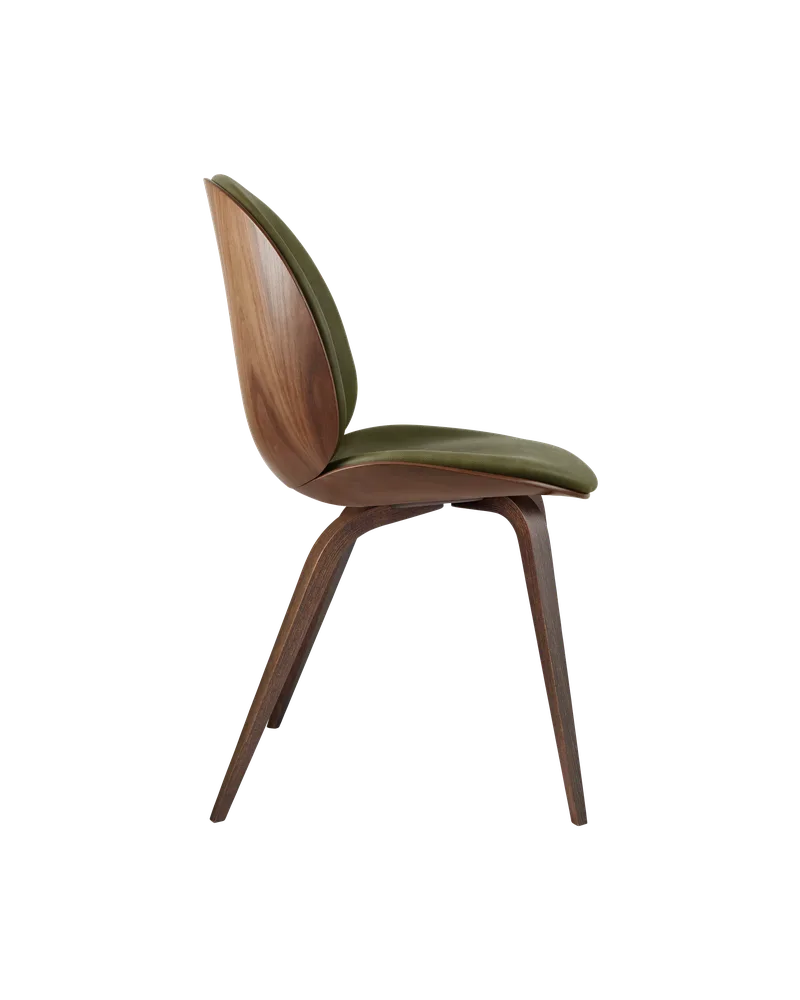 Beetle Dining Chair, 3D Veneer & Front Upholstered by GUBI in Soft Leather, GUBI (Army, Standard), American Walnut, American Walnut Semi Matt Lacquered, EU – product photo 1 of 3