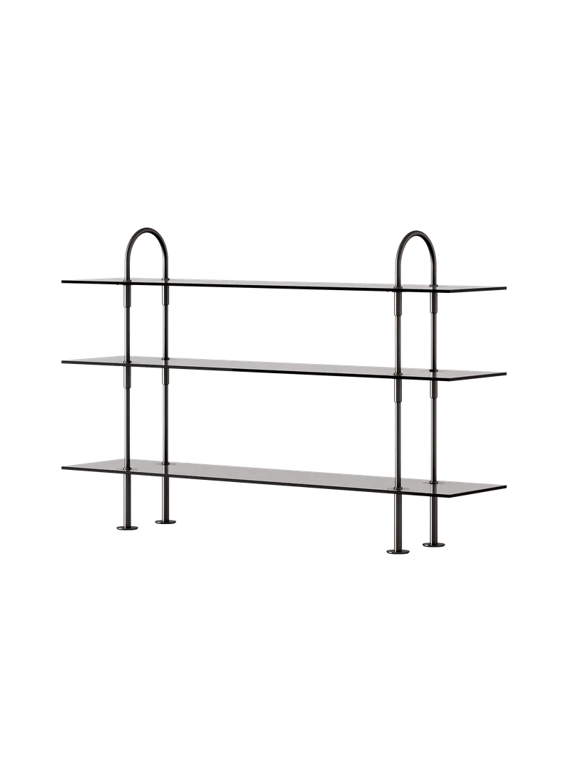 Keen Shelving System by GUBI in 160 cm, 105 cm – 3 Shelves, Smoked Tempered Glass, Black Brass – product photo