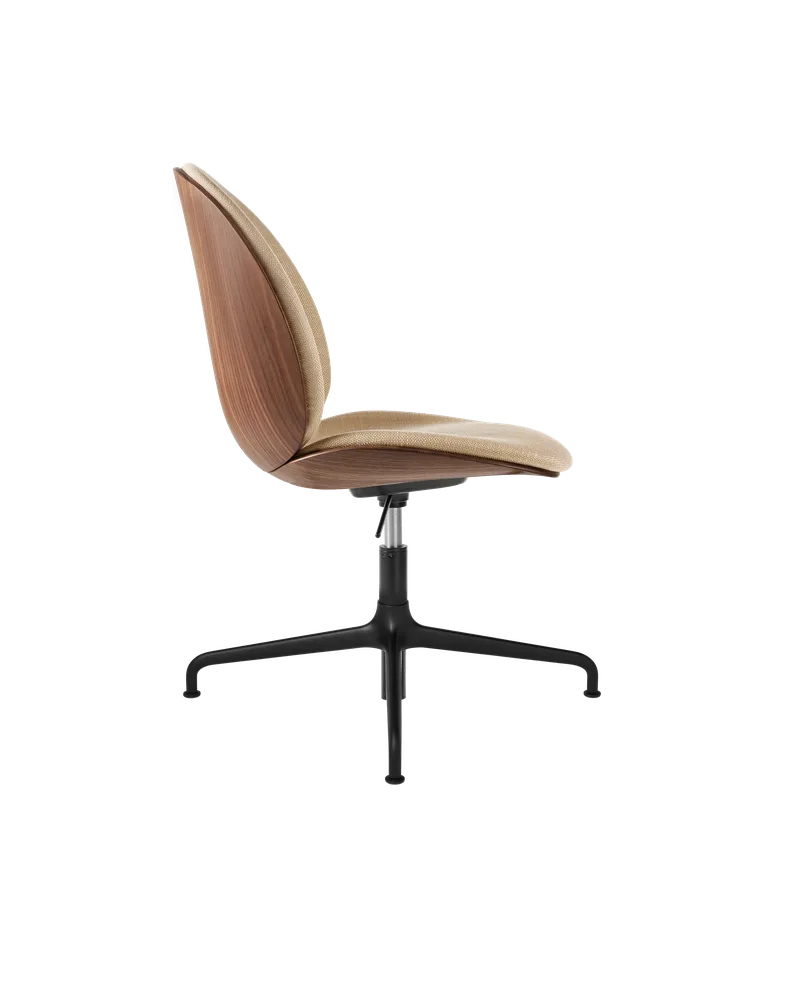 Beetle Meeting Chair, 3D Veneer & Front Upholstered by GUBI in Flair Special FR, Dedar (134, Standard), American Walnut Semi Matt Lacquered, Height adjustable 4-star base, Matt Black – product photo 1 of 5