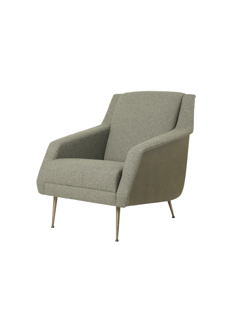 CDC.1 Lounge Chair, Fully Upholstered by GUBI in Around Bouclé, Dedar (141, Standard), Soft Leather, GUBI (Army, Standard), Antique Brass – product photo