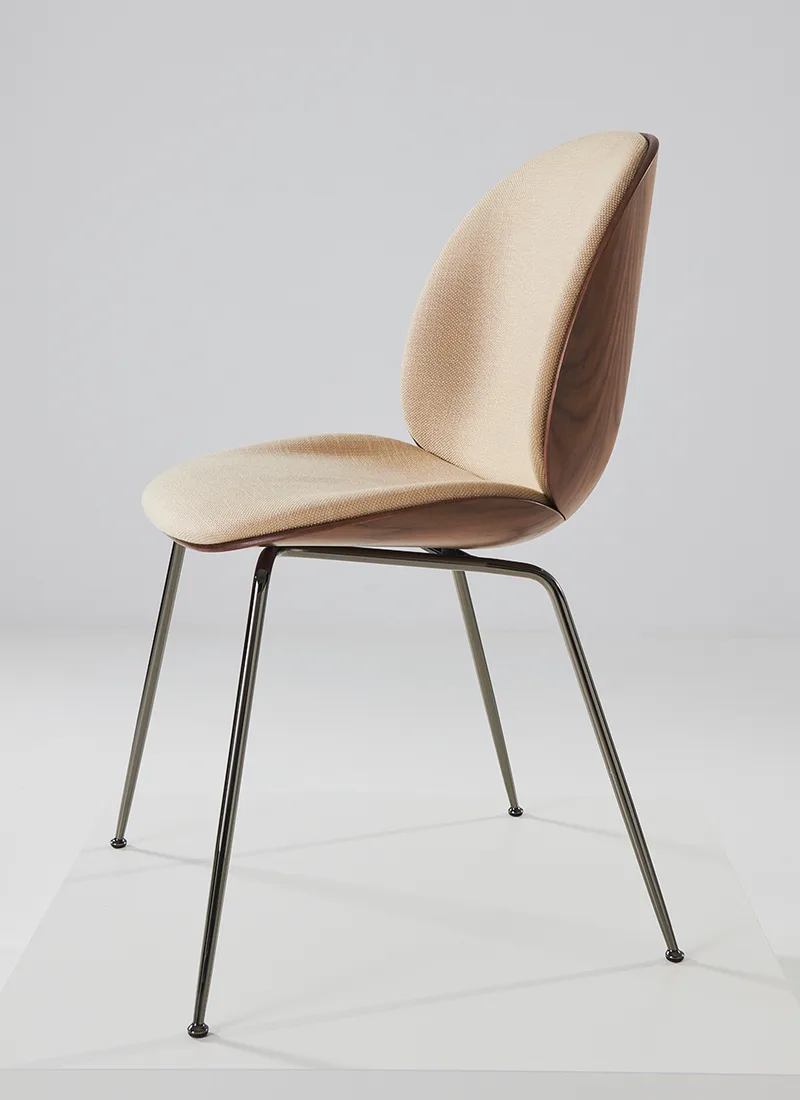 Beetle Dining Chair, 3D Veneer & Front Upholstered by GUBI in Flair Special FR, Dedar (134, Standard), Black Chrome, American Walnut Semi Matt Lacquered, GLOBAL – product photo 3 of 8