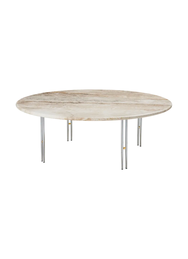 IOI Coffee Table by GUBI in Rippled Beige, Chrome Base / Brass Sphere, Ø100 cm – product photo