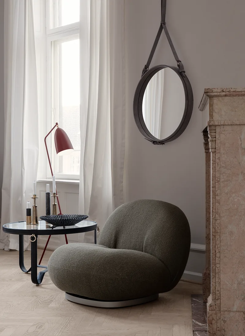Adnet Coffee Table, Circular by GUBI in Black Leather, Glass, Ø70 cm – interior photo 1 of 3