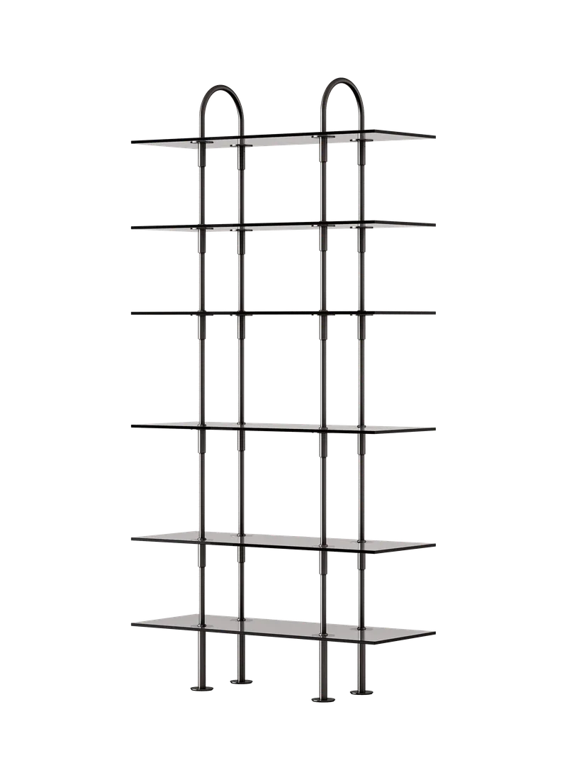 Keen Shelving System by GUBI in 96 cm, 198 cm – 6 Shelves, Smoked Tempered Glass, Black Brass – product photo