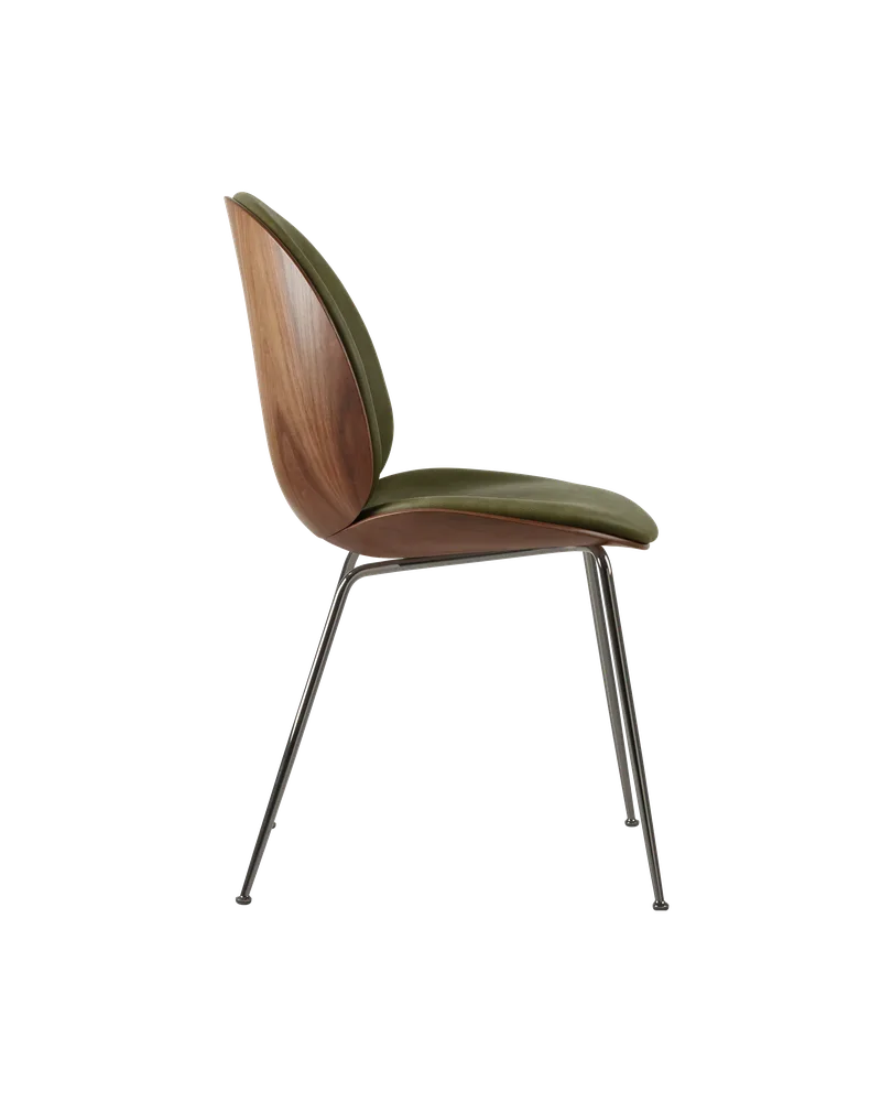 Beetle Dining Chair, 3D Veneer & Front Upholstered by GUBI in Soft Leather, GUBI (Army, Standard), Black Chrome, American Walnut Semi Matt Lacquered, EU – product photo 1 of 5