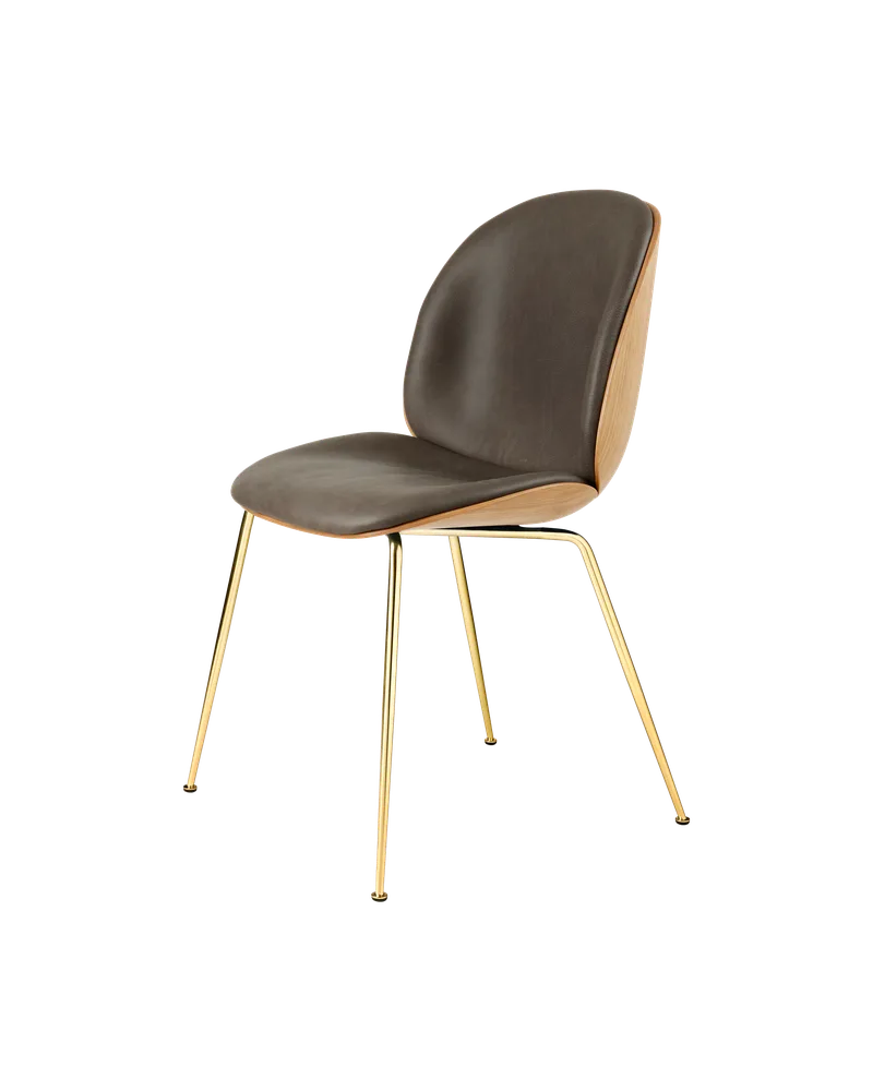 Beetle Dining Chair, 3D Veneer & Front Upholstered by GUBI in Soft Leather, GUBI (Gray, Standard), Brass Semi Matt, Oak Semi Matt Lacquered, EU – product photo 3 of 3