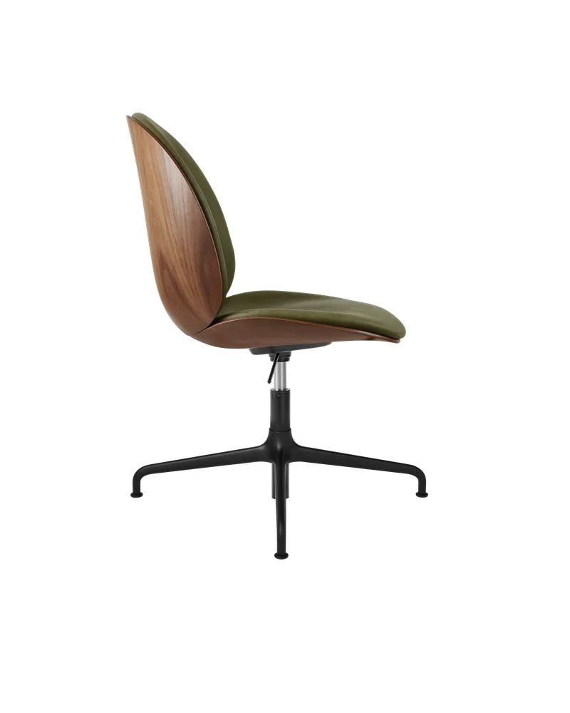 Beetle Meeting Chair, 3D Veneer & Front Upholstered by GUBI in Soft Leather, GUBI (Army, Standard), American Walnut Semi Matt Lacquered, Height adjustable 4-star base, Matt Black – product photo 1 of 3