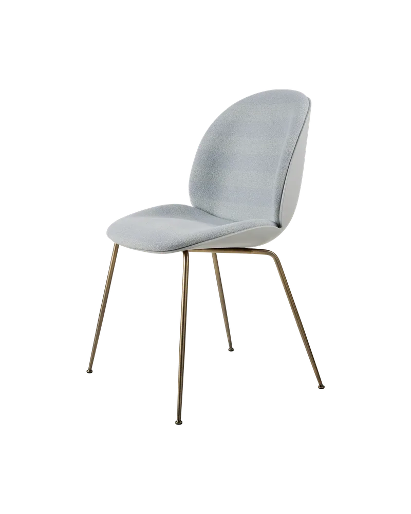 Beetle Dining Chair, Front Upholstered van GUBI in Kvadrat Sahco, Acca Stripe 0731, Antique Brass, Lunar Gray – productfoto 5 van 5