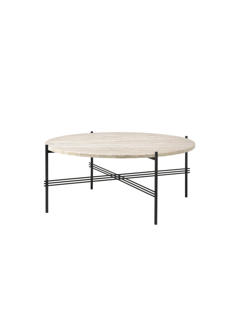 TS Coffee Table, Outdoor by GUBI in Neutral White Travertine Outdoor, Classic Black, Ø80 cm – product photo