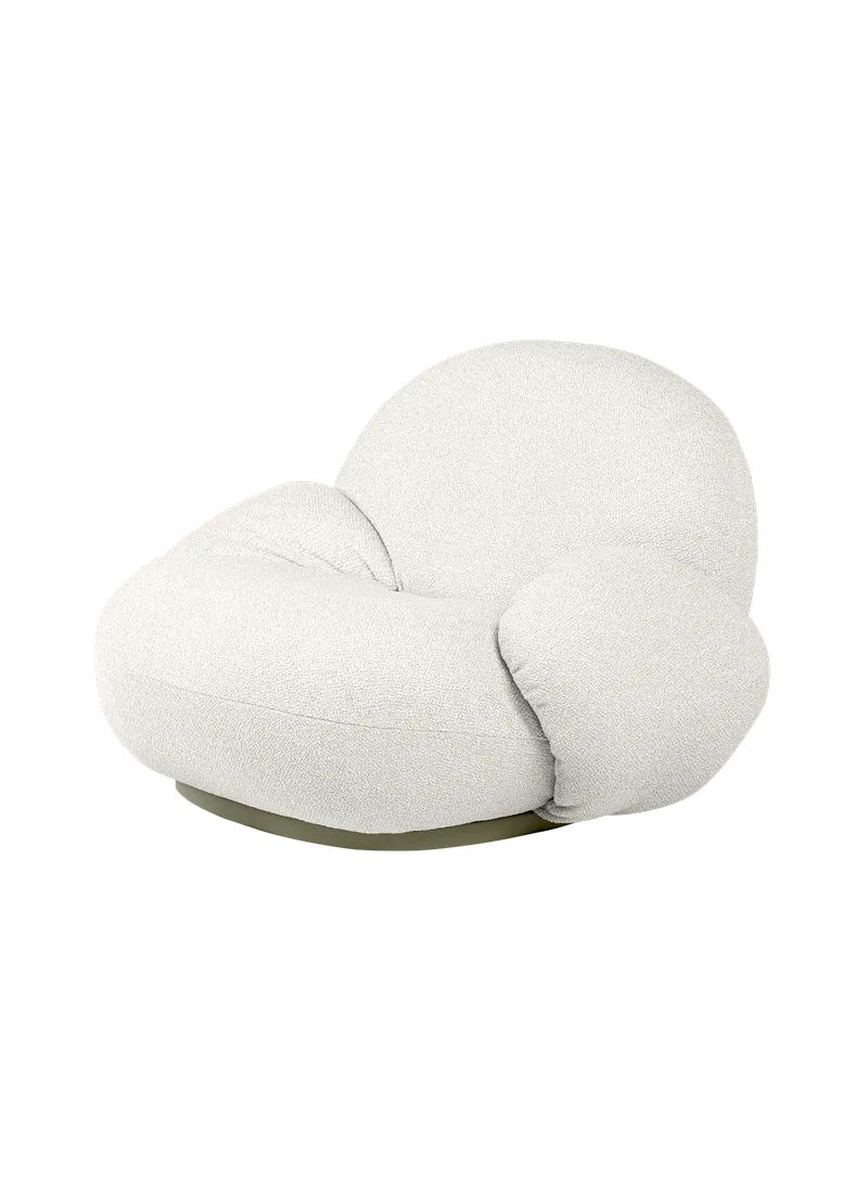 Pacha Lounge Chair with Armrest, Outdoor by GUBI in Libera, Dedar (002, Standard), Moss Gray, Swivel – product photo