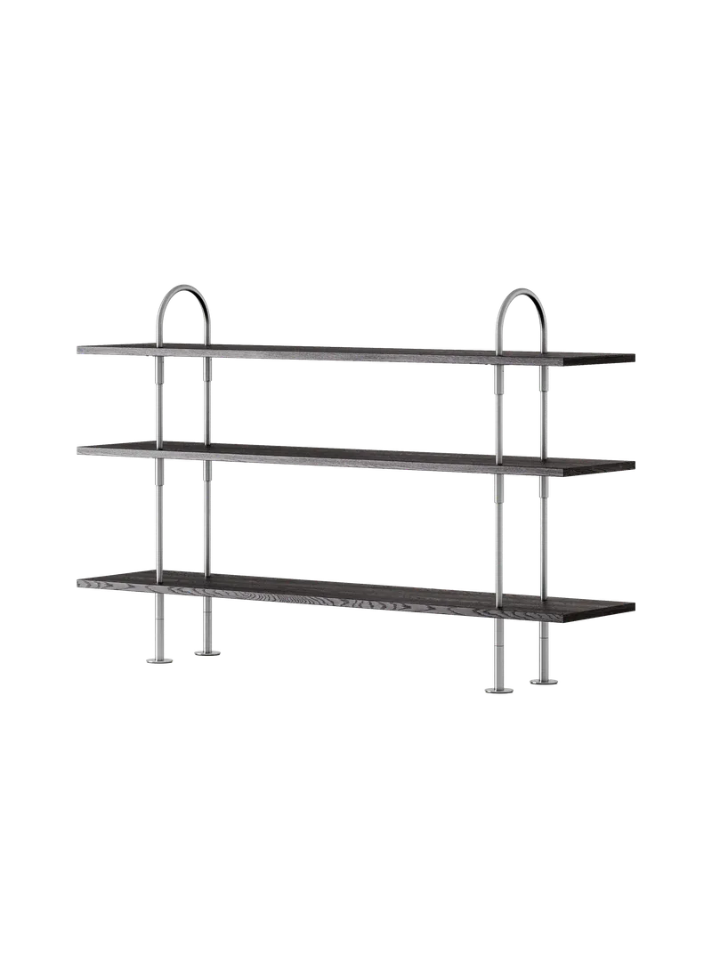 Keen Shelving System by GUBI in 160 cm, 105 cm – 3 Shelves, Brown/Black Ash Veneer, Satin Stainless Steel – product photo