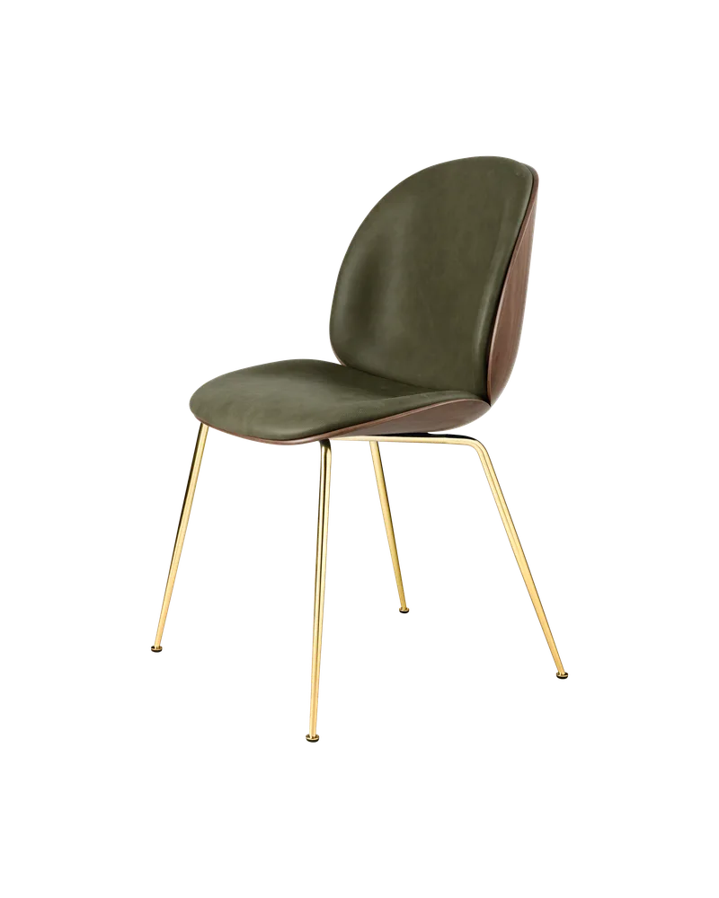 Beetle Dining Chair, 3D Veneer & Front Upholstered by GUBI in Soft Leather, GUBI (Army, Standard), Brass Semi Matt, American Walnut Semi Matt Lacquered, EU – product photo 3 of 3
