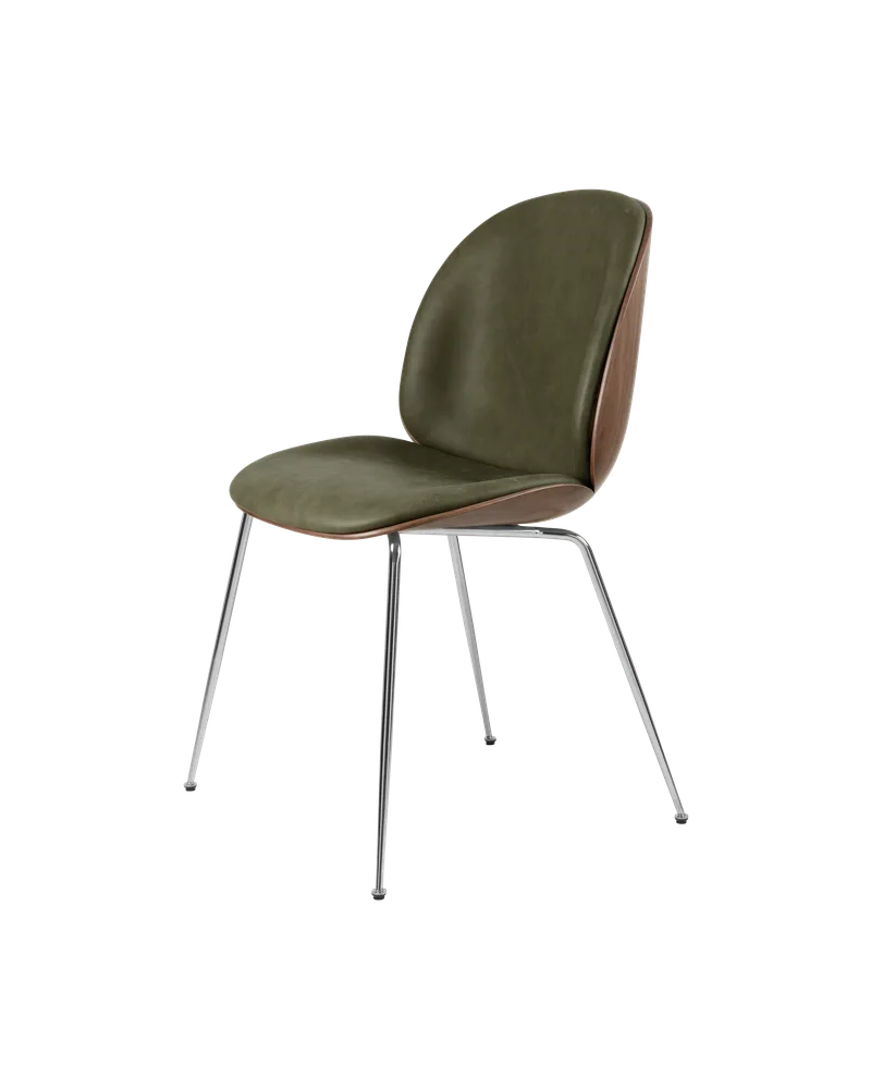 Beetle Dining Chair, 3D Veneer & Front Upholstered by GUBI in Soft Leather, GUBI (Army, Standard), Chrome, American Walnut Semi Matt Lacquered, EU – product photo 3 of 3