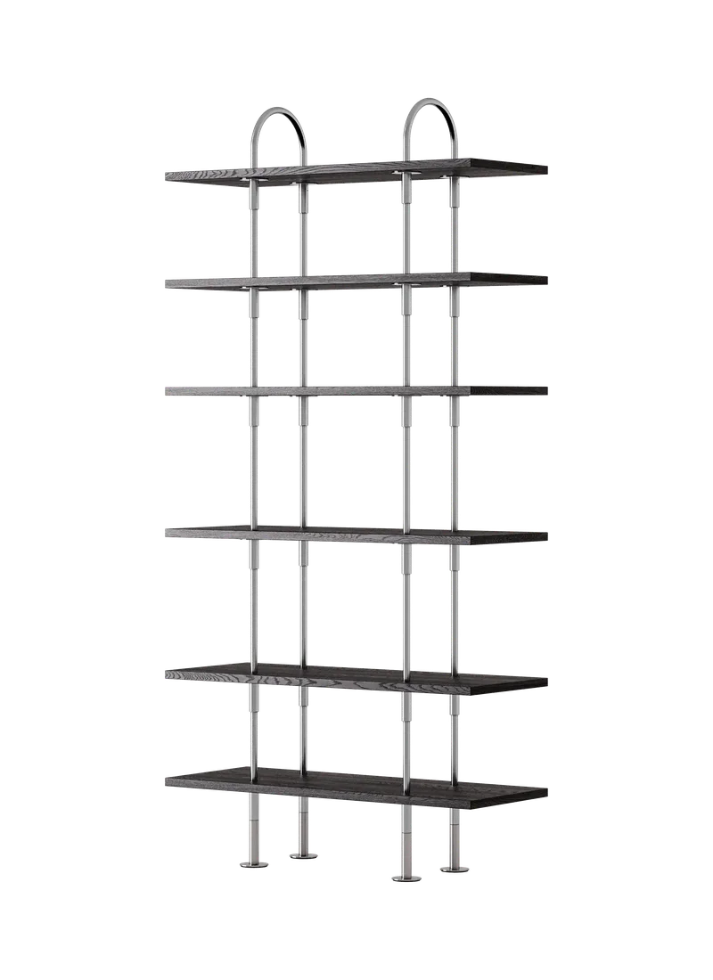 Keen Shelving System by GUBI in 96 cm, 198 cm – 6 Shelves, Brown/Black Ash Veneer, Satin Stainless Steel – product photo
