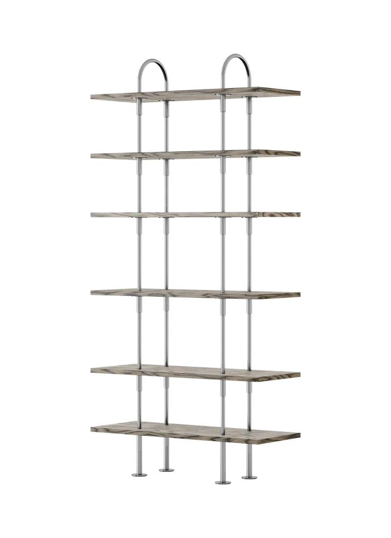 Keen Shelving System by GUBI in 96 cm, 198 cm – 6 Shelves, ALPI Sottsass Gray, Satin Stainless Steel – product photo