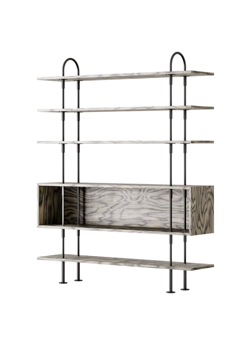 Keen Shelving System by GUBI in 160 cm, 198 cm – 4 Shelves & Box, ALPI Sottsass Gray, Black Brass – product photo