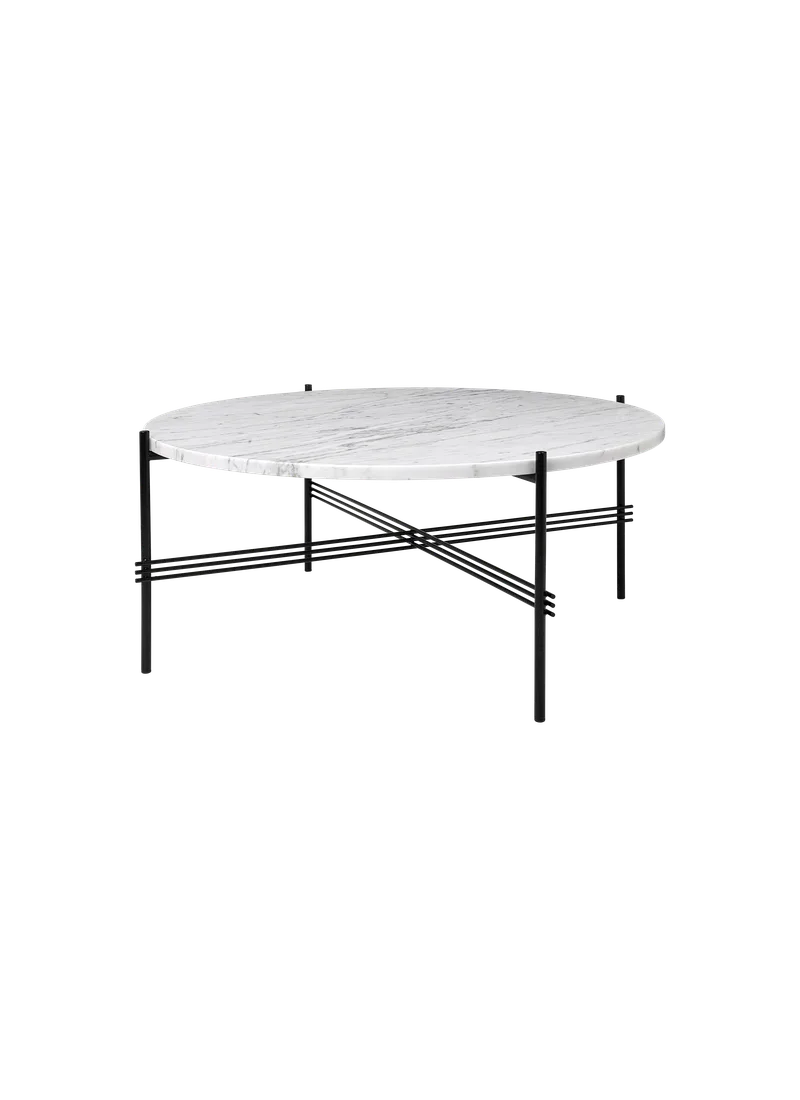 TS Coffee Table, Round van GUBI in White Carrara Marble, Black base, Ø80 cm – productfoto