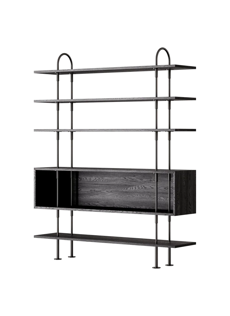 Keen Shelving System by GUBI in 160 cm, 198 cm – 4 Shelves & Box, Brown/Black Ash Veneer, Black Brass – product photo