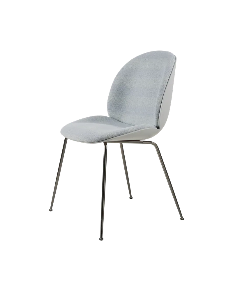 Beetle Dining Chair, Front Upholstered van GUBI in Kvadrat Sahco, Acca Stripe 0731, Black Chrome, Lunar Gray – productfoto 5 van 5