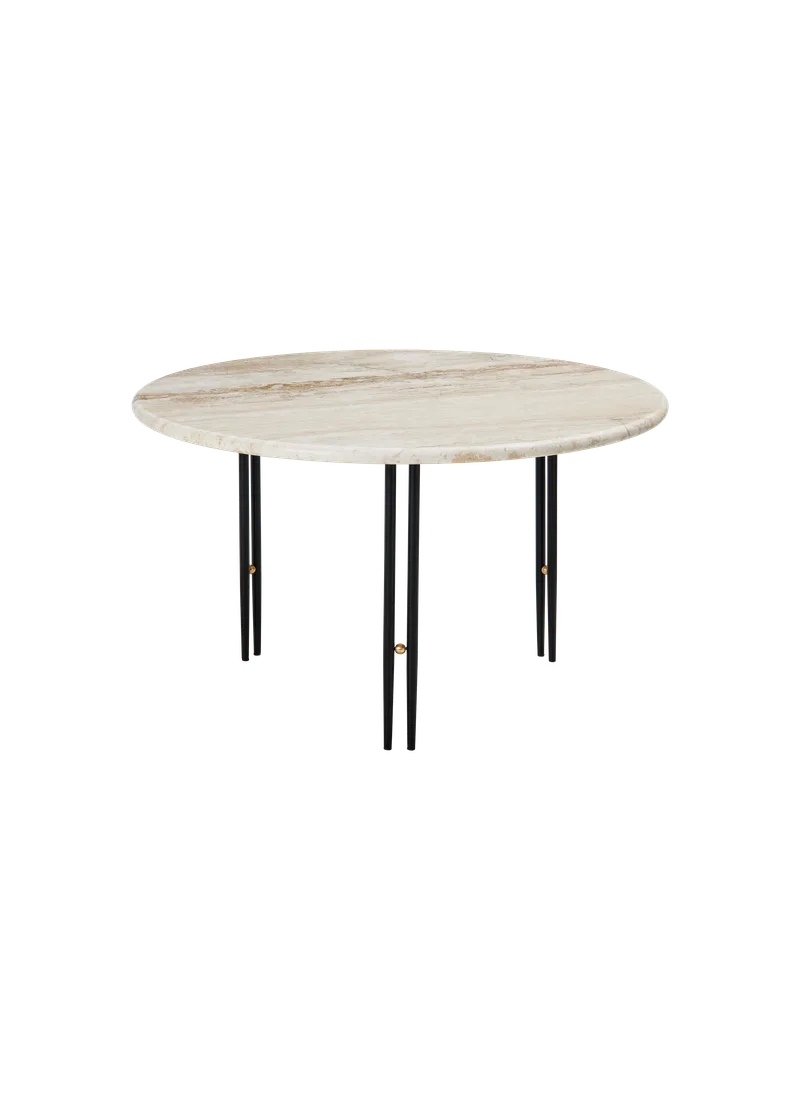 IOI Coffee Table by GUBI in Rippled Beige, Black Semi Matt Base / Brass Sphere, Ø70 cm – product photo