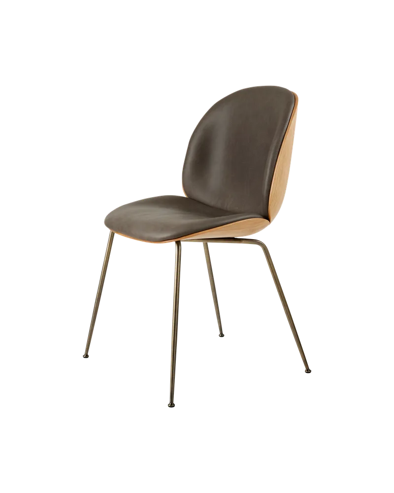 Beetle Dining Chair, 3D Veneer & Front Upholstered by GUBI in Soft Leather, GUBI (Gray, Standard), Antique Brass, Oak Semi Matt Lacquered, EU – product photo 3 of 3