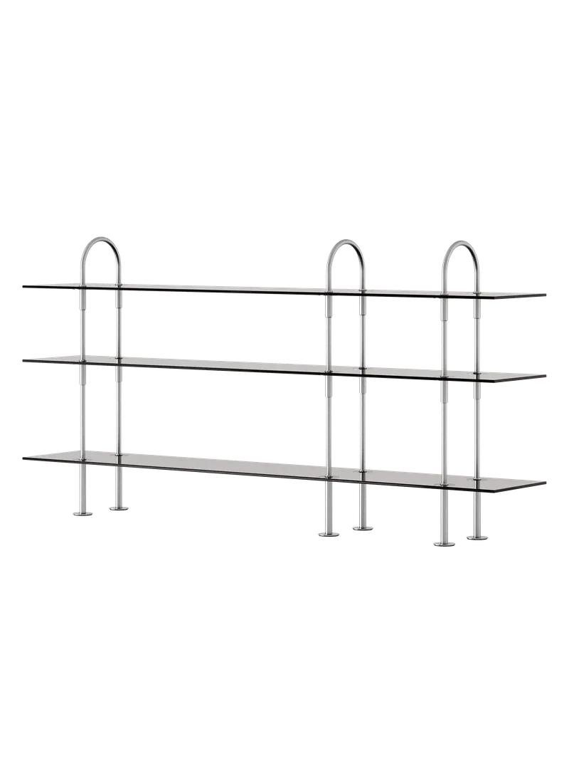 Keen Shelving System by GUBI in 208 cm, 105 cm – 3 Shelves, Smoked Tempered Glass, Satin Stainless Steel – product photo