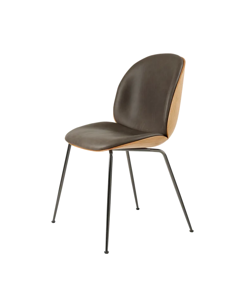 Beetle Dining Chair, 3D Veneer & Front Upholstered by GUBI in Soft Leather, GUBI (Gray, Standard), Black Chrome, Oak Semi Matt Lacquered, GLOBAL – product photo 5 of 5