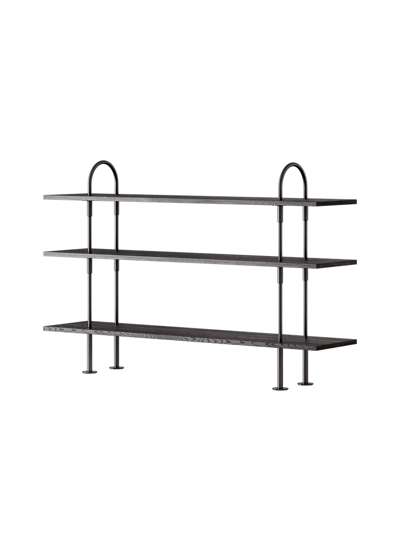 Keen Shelving System by GUBI in 160 cm, 105 cm – 3 Shelves, Brown/Black Ash Veneer, Black Brass – product photo