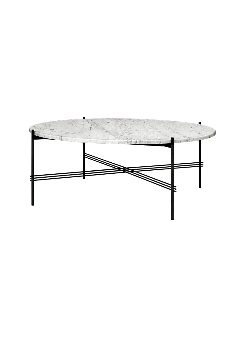 TS Coffee Table, Round van GUBI in White Carrara Marble, Black base, Ø105 cm – productfoto