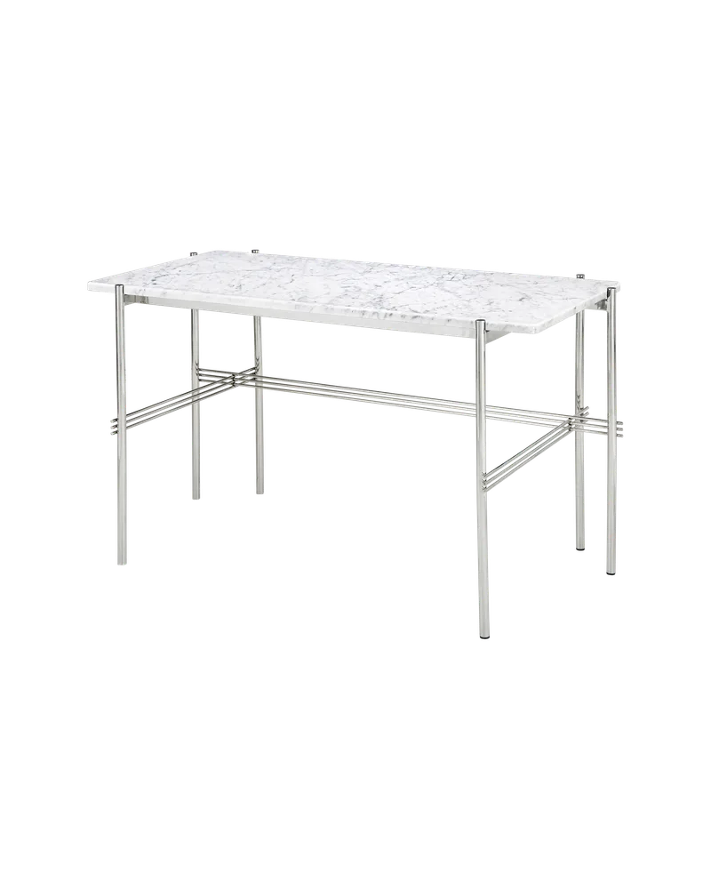 TS Desk by GUBI in White Carrara Marble, Polished Steel, 120 × 60 cm – product photo