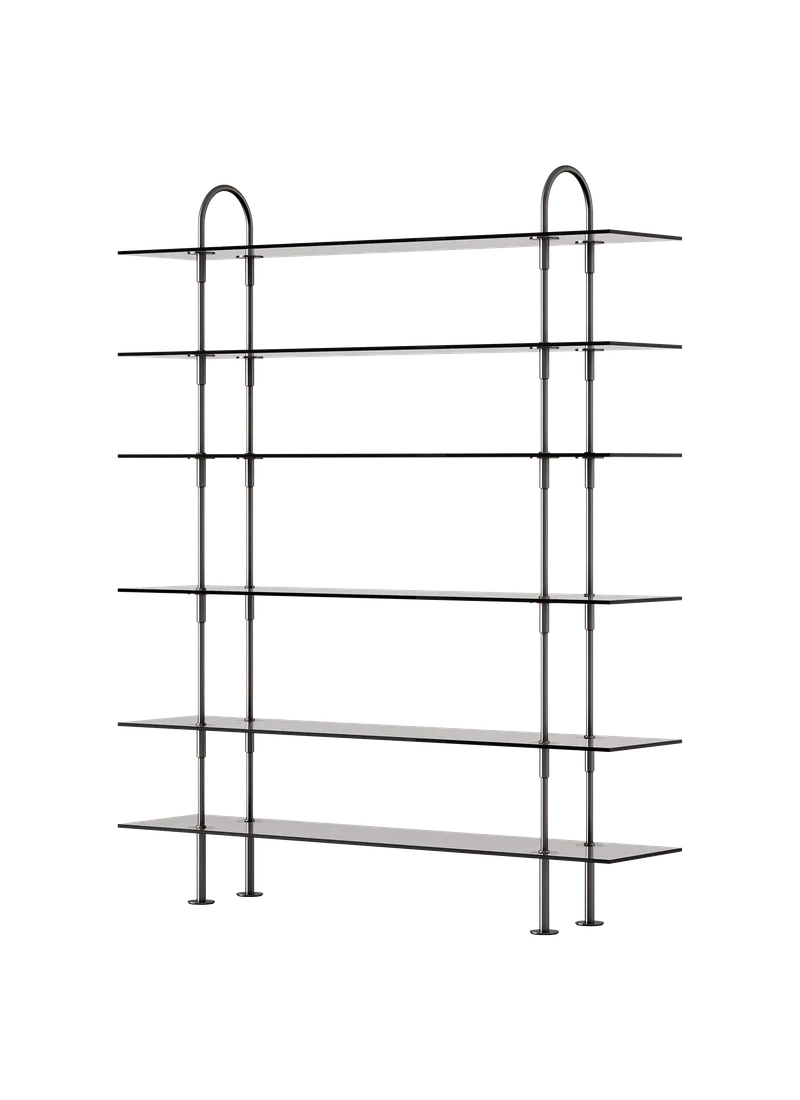 Keen Shelving System by GUBI in 160 cm, 198 cm – 6 Shelves, Smoked Tempered Glass, Black Brass – product photo