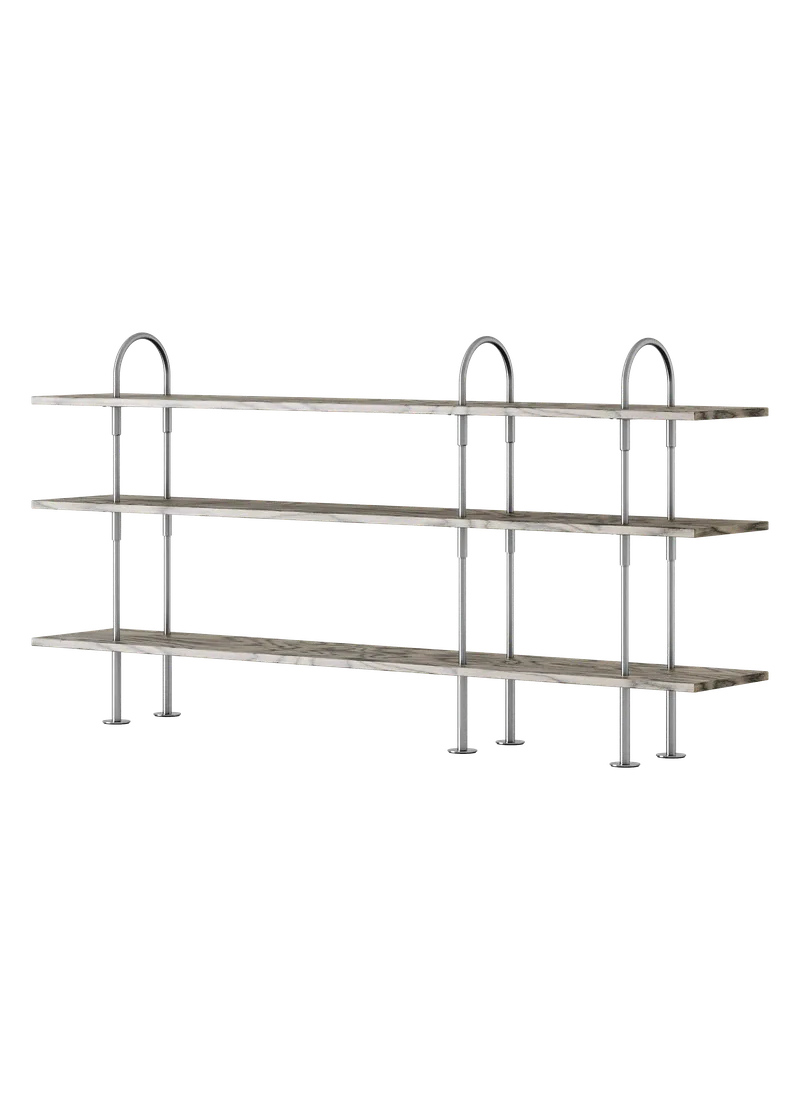Keen Shelving System by GUBI in 208 cm, 105 cm – 3 Shelves, ALPI Sottsass Gray, Satin Stainless Steel – product photo