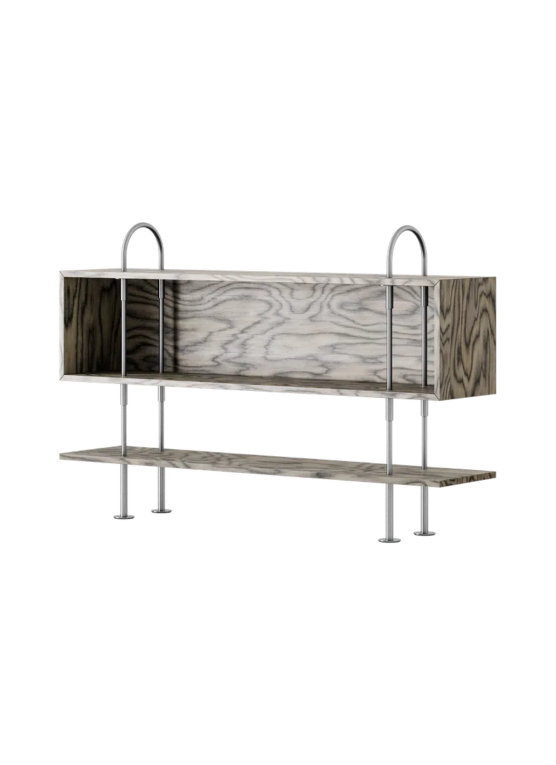 Keen Shelving System by GUBI in 160 cm, 105 cm – 1 Shelf & Box, ALPI Sottsass Gray, Satin Stainless Steel – product photo