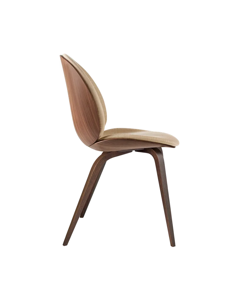 Beetle Dining Chair, 3D Veneer & Front Upholstered by GUBI in Flair Special FR, Dedar (134, Standard), American Walnut, American Walnut Semi Matt Lacquered, EU – product photo 1 of 3