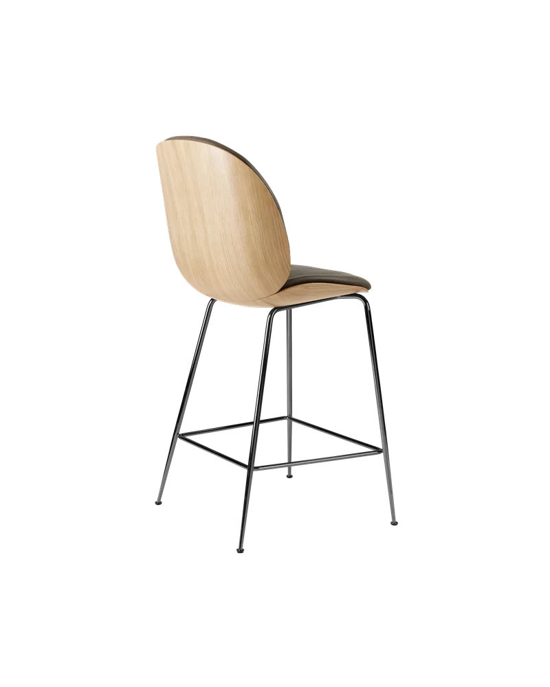 Beetle Counter Chair, 3D Veneer & Front Upholstered by GUBI in Oak Semi Matt Lacquered, Black Chrome, Soft Leather, GUBI (Gray, Standard) – product photo 1 of 4