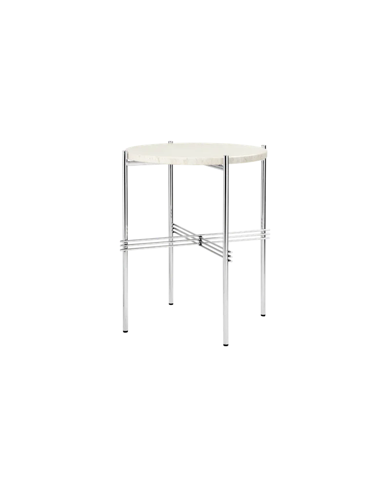 TS Side Table, Round de GUBI en Neutral White Travertine, Polished Steel – photo du produit