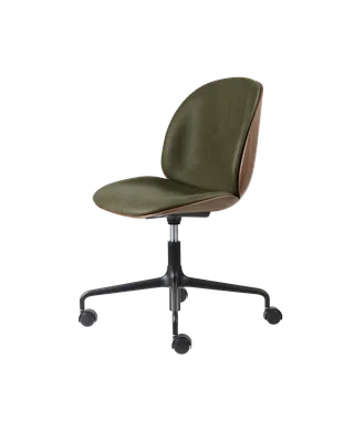 Beetle Meeting Chair, 3D Veneer & Front Upholstered by GUBI in Soft Leather, GUBI (Army, Standard), American Walnut Semi Matt Lacquered, Height adjustable 4-star base w. castors, Matt Black – product photo 3 of 3